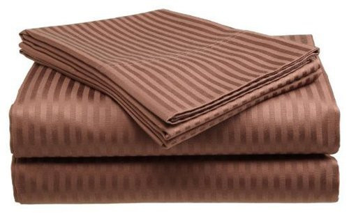 Crystal Trading 4-Piece Bed Sheet Set - Dobby Stripe - 100 percent  Cotton Sateen - 300 Thread Count -Queen  Coffee-