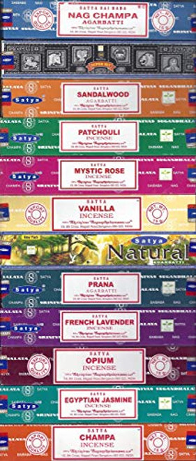 Satya Incense Set of 12 Nag Champa  Super Hit  Sacred Sandalwood  Pure Patchouli  Mystic Rose  Vanilla  Prana  Natural  French Lavender  Opium  Egyptian Jasmine  Champa  VarietyPack01