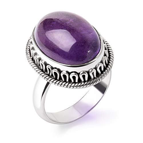 SUVANI Sterling Silver Natural Amethyst Gemstone Cabochon Oval Shaped Rope Edge Band Ring Size 7