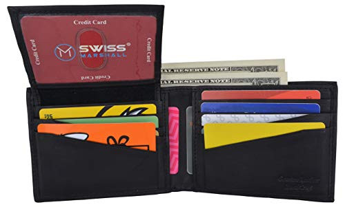 Swiss Marshall Mens Leather Bifold RFID Blocking Removable Card ID Holder Wallet -Black-
