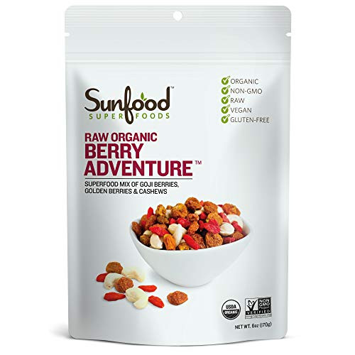 Sunfood Superfoods Berry Adventure Raw Organic Trail-mix. Blend of Goji Berries  Golden Berries  and  Cashews. Healthy Snack. 6 oz Bag