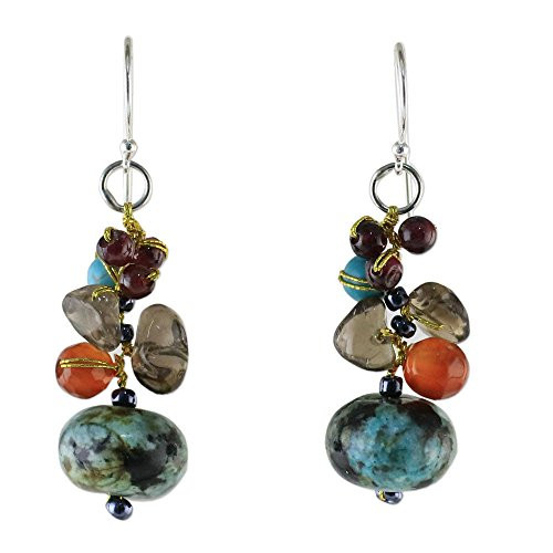 NOVICA Multi-Gem Jasper .925 Sterling Silver Beaded Earrings  Exotic Cluster