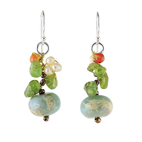 NOVICA Multi-Gem Jasper Cultured Freshwater Pearl Silver Dangle Earrings Exotic Cluster in Blue NOVICA Multi-Gem Jasper Cultured Freshwater Pearl Silver Dangle Earrings Exotic Cluster in Blue
