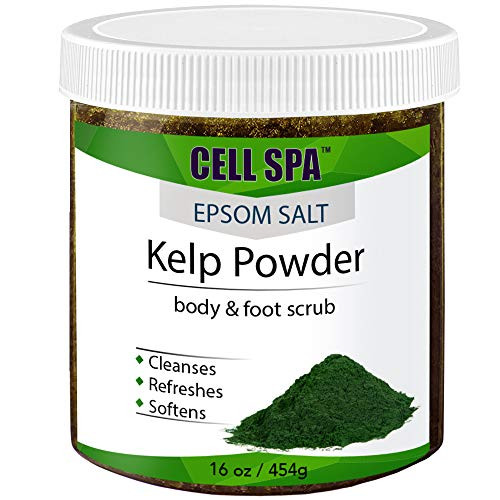 Exfoliating Kelp Powder Infused With Organic Essential Oils Body  and  Foot Scrub With Epsom Salt For Skin Care  Natural Anti-Cellulite  Acne  Foot Soak  Stretch Marks Wrinkles  and  Scars 16 oz