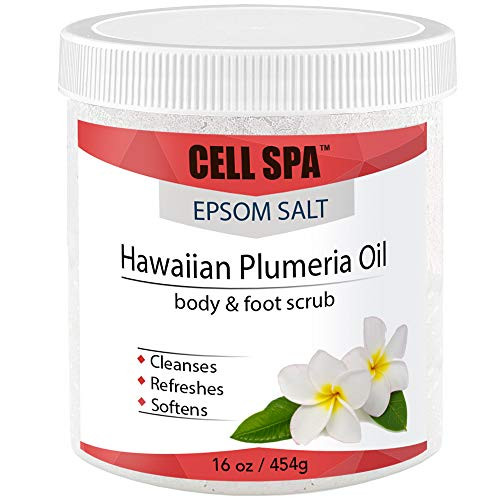 Exfoliating Hawaiian Plumeria Oil Infused With Organic Essential Oils Body  and  Foot Scrub With Epsom Salt For Skin Care  Natural Anti-Cellulite  Acne  Foot Soak  Stretch Marks Wrinkles  and  Scars 16 oz