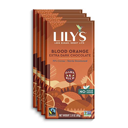 Blood Orange Dark Chocolate Bar by Lily s - Stevia Sweetened  No Added Sugar  Low-Carb  Keto Friendly - 70 percent  Cocoa - Fair Trade  Gluten-Free  and  Non-GMO - 2.8 ounce  4-Pack