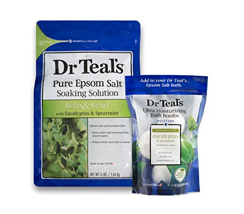 Dr Teal s Epsom Salt Soaking Solution and Ultra Moisturizing Bath Bombs with Pure Epsom Salt  Eucalyptus 3lb Bags  and 4 Count Bag