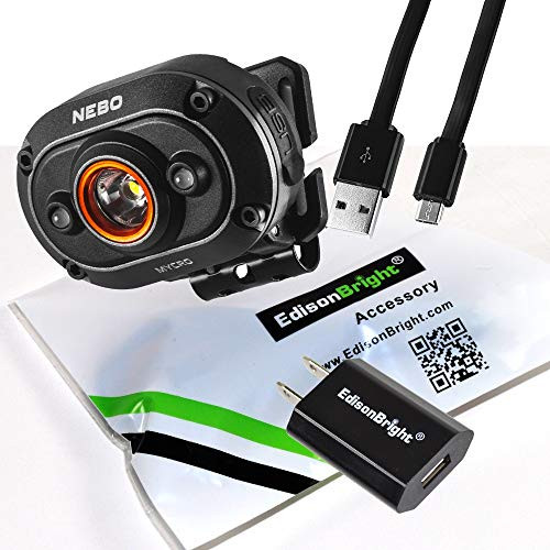 NEBO MYCRO 400 Lumen USB Rechargeable LED headlamp cap light  with rechargeable battery and EdisonBright USB Charger Bundle