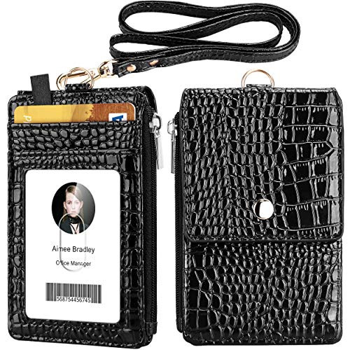 ELV Badge Holder with Zipper  PU Leather ID Badge Card Holder Wallet with 5 Card Slots  1 Side RFID Blocking Pocket and 20 inch Neck Lanyard Strap for Offices ID  School ID  Driver Licence