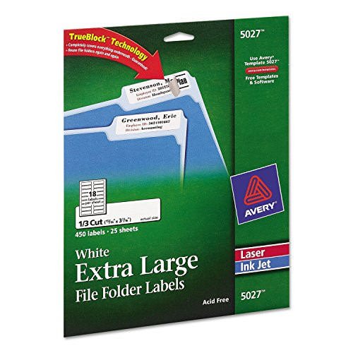 Avery Extra Large Filing Label - 0.93amp quot  Width x 3.43amp quot  Length - 18 Sheet - Permanent - 450   Pack - White