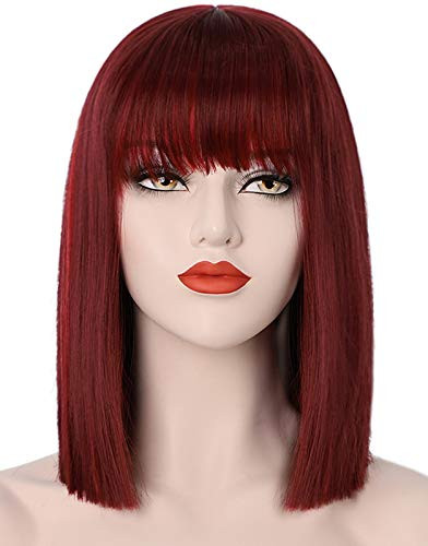 Juziviee Short Bob Hair Wigs for Women  13   Cute Wine Red Hair Wig with Realistic Bangs  Natural Looking Soft Synthetic Full Wigs for Party Cosplay AD016BU