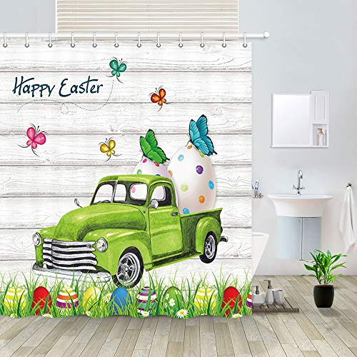 Easter Shower Curtain  Easter Farmhouse Trucks Pull Big Eggs and Butterfly in Spring Grass on Vintage Rustic Wooden Bathroom Curtains  Polyester Fabric Shower Curtain for Bathroom 12PCS Hooks 69X70IN
