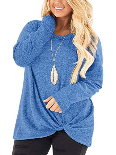 DOLNINE Plus Size Shirts for Women Long Sleeve Round Neck Tops Knot Tunic Tees Blue-24W