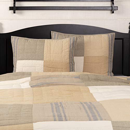 VHC Brands Farmhouse Farmer s Market Cotton Hand Quilted Chambray Patchwork Rectangle Standard Bedding Accessory  Sham 21x27  Tan