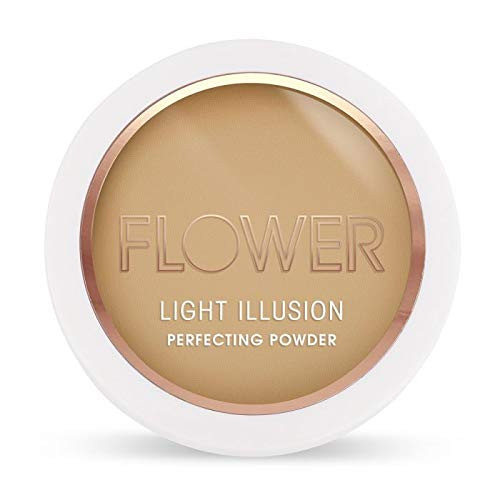 Flower Beauty Light Illusion Perfecting Powder - Pressed Powder Face Makeup  Buildable Medium Coverage with Blurring Pigments  Includes Mirror  and  Sponge -Caramel-