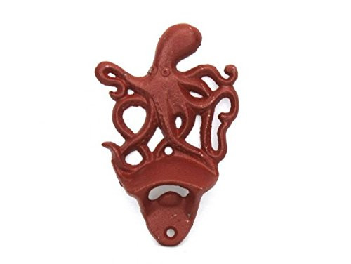 Hampton Nautical Rustic Red Cast Iron Wall Mounted Octopus Bottle Opener