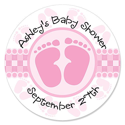 Big Dot of Happiness Custom Baby Feet Pink - Personalized Girl Baby Shower Circle Sticker Labels - 24 Count