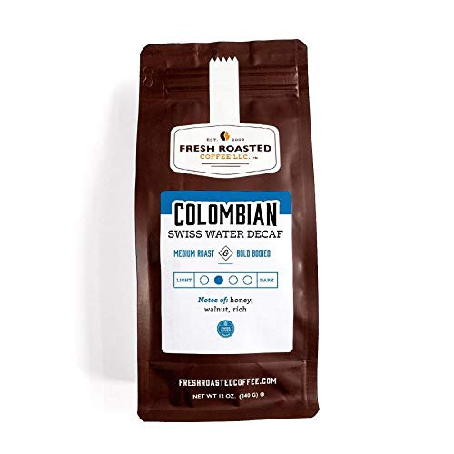 Fresh Roasted Coffee LLC  Colombian Swiss Water Decaf Coffee  Medium Roast  Whole Bean  12 Ounce Bag