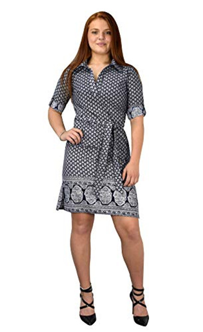 Peach Couture Womens Summer Causal V Neck Shift ¾ Sleeve Waist Tie Shift Dress Navy Floral  Large