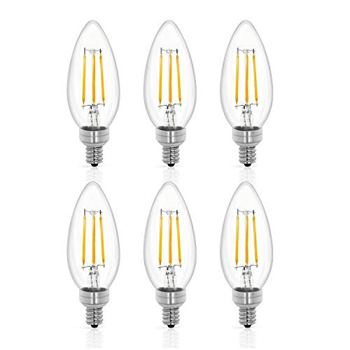 Tenergy LED Candelabra Bulbs Dimmable  4W -40 Watt Equivalent- Warm White Soft White -2700K- E12 Base Decorative B11 C37 Filament Candle Bulbs for Chandelier Ceiling Fan -Pack of 6-