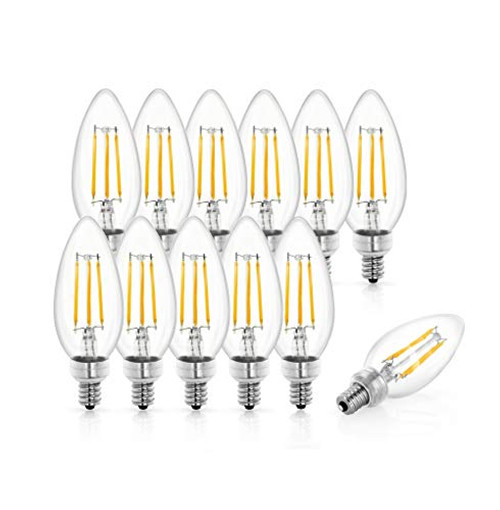 Tenergy LED Candelabra Bulbs Dimmable  4W -40 Watt Equivalent- Warm White Soft White -2700K- E12 Base Decorative B11 C37 Filament Candle Bulbs for Chandelier Ceiling Fan -Pack of 12-