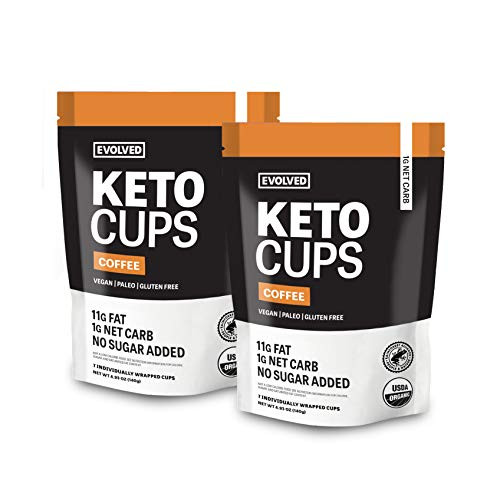 EVOLVED Chocolate Coffee Keto Cups - Dark Chocolate  Vegan  Paleo  Keto Friendly  Low Carb Chocolate  Monk Fruit Sweetened  No Sugar Added  Organic  Peanut Free  Dairy Free  Soy Free  and Gluten Free - 2 Pouches -14 Cups-