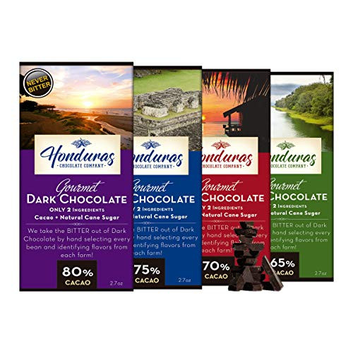 Honduras Chocolate Company Variety Pack of Gourmet Dark Chocolate Bars 65 percent 70 percent 75 percent and 80 percent Cacao 2.7 Ounce -Pack of 4- Honduras Chocolate Company Variety Pack of Gourmet Dark Chocolate Bars 65 percent 70 percent 75 percent and 80 percent Cacao 2.7 Ounce -Pack of 4-