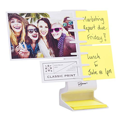 Note Tower Desktop Mini Sticky Note Holder - Prevents Lost  and  Misplaced Sticky Notes  Displays up to 4 Photos  Includes 50 Sheets of 3 inch x 3 inch Sticky Notes  Easy One-Handed Paper Insertion  White