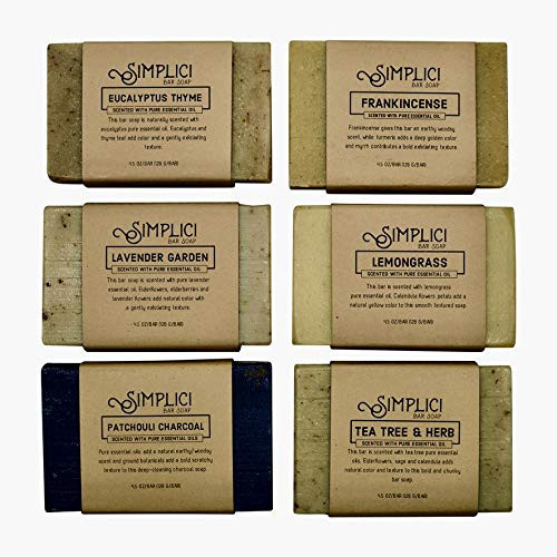 Simplici 6 Bar Herbal Variety Pack. SCENTED natural soothing handmade bar soap with pure essential oils. PALM OIL FREE. In bulk eco-friendly value packs. 4.5-ounce  128-gram bar size.