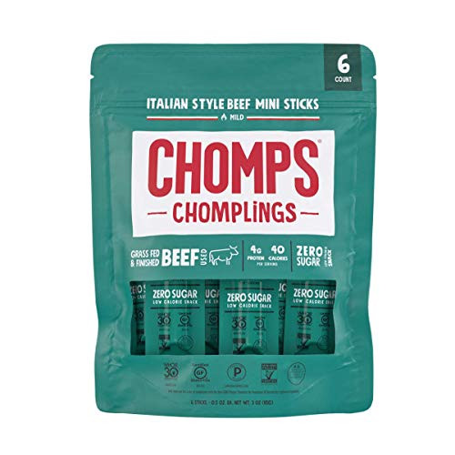 CHOMPS MINI Grass Fed Beef Jerky Meat Snack Sticks  Keto Snack  Paleo  Whole30 Approved  Low Carb  Protein  Gluten Free  Sugar Free  Nitrate Free  40 Calories 0.5 Oz Sticks  Italian Beef 6 Pack Bag