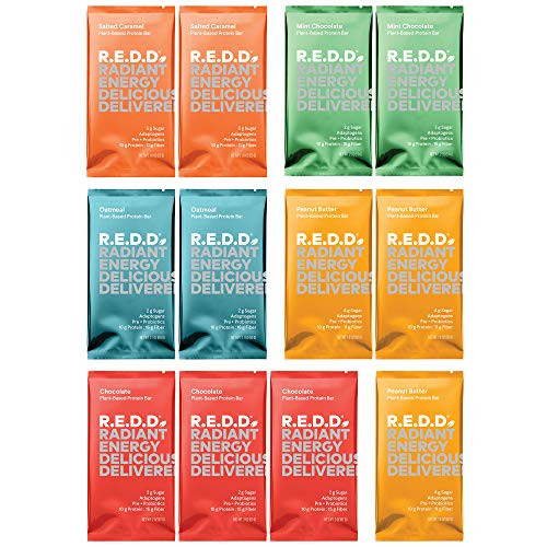 R.E.D.D. Vegan Protein Bar  Variety Pack  12 Bars  Healthy Snack with 10g Plant-Based Protein  Low Sugar  Gluten-Free  Dairy-Free  High Fiber  Probiotics