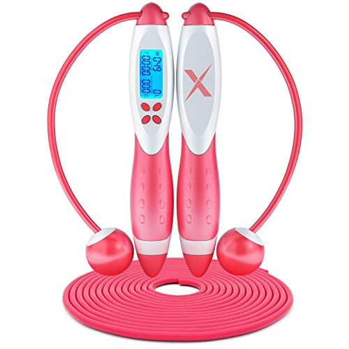 X-LEAN Digital Jump Rope with Counter  Pink Bod Rope for BeachBody  Weighted Smart Jump Rope with Calorie Timer  All-in-One Adjustable Skipping Rope for Exercise  Ideal Cord  Plus  Cordless Jump Ropes for Fitness for Women for Workout