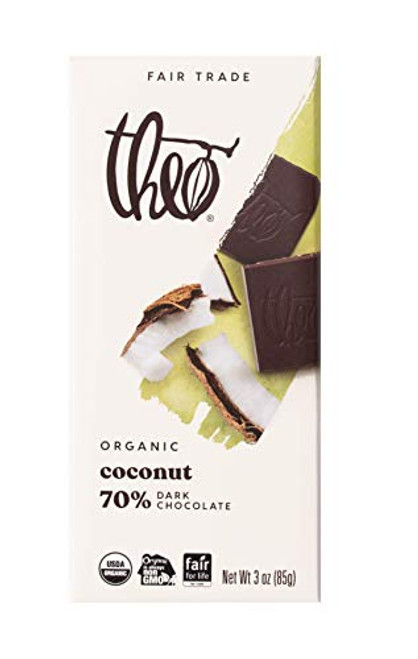 Theo Chocolate Coconut Organic Dark Chocolate Bar 70 percent Cacao 12 Pack - Vegan Fair Trade Theo Chocolate Coconut Organic Dark Chocolate Bar 70 percent Cacao 12 Pack - Vegan Fair Trade