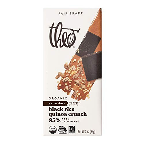 Theo Chocolate Black Rice Quinoa Crunch Organic Dark Chocolate Bar  85 percent  Cacao  6 Pack - Vegan  Fair Trade