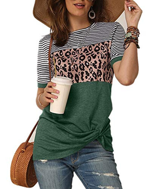 Ferrtye Womens Leopard Striped T Shirts Color Block Short Sleeve Twist Knot Tops -Green X-Large- Ferrtye Womens Leopard Striped T Shirts Color Block Short Sleeve Twist Knot Tops -Green X-Large-