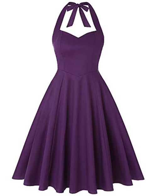 MINTLIMIT Women s Vintage Halter Dress 1950s Spring Retro Rockabilly Cocktail Swing Tea Dresses -Purple Size L-