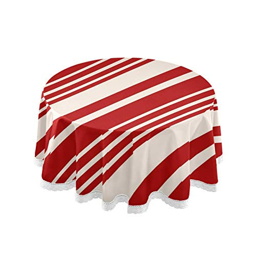 Vdsrup Christmas Candy Cane Stripes Round Tablecloth Winter Red Cream Colors Circular Table Cloths Cover Washable Polyester Tabletop Runner for Kitchen Party Picnic Dining Decor 60