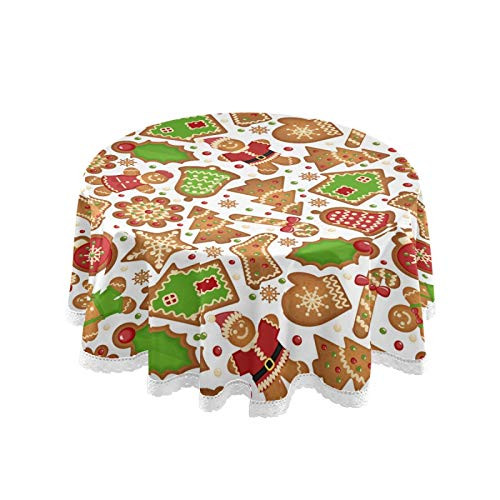 Vdsrup Christmas Cookies Gingerbread Round Tablecloth Winter Snowflakes Xmas Tree Ball Bell Circular Table Cloths Cover Washable Polyester Tabletop Runner for Kitchen Party Picnic Dining Decor 60