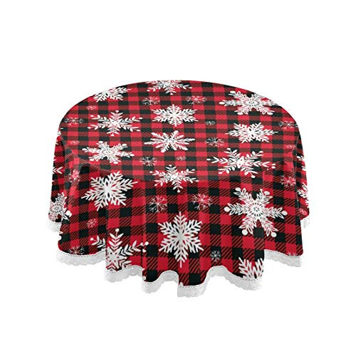 Vdsrup Christmas Snowflakes Winter Buffalo Plaid Round Tablecloth Xmas Snow Red Black Check Circular Table Cloths Cover Washable Polyester Tabletop Runner Mat for Kitchen Party Picnic Dining Decor 60