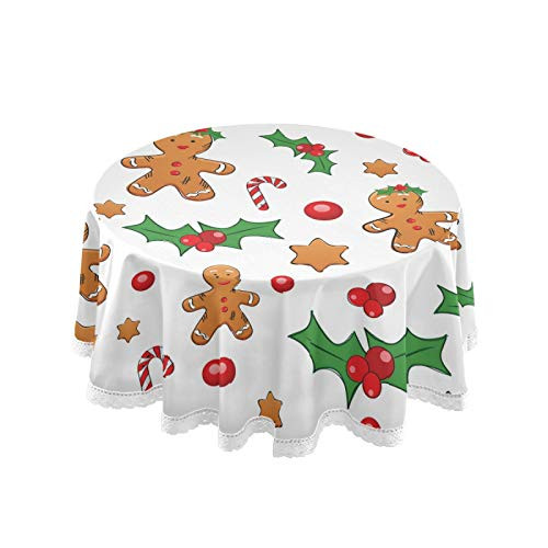 Vdsrup Christmas Gingerbread Snowflakes Round Tablecloth Winter Candy Cane Xmas Holly Berry Circular Table Cloths Cover Washable Polyester Tabletop Runner for Kitchen Party Picnic Dining Decor 60¡±