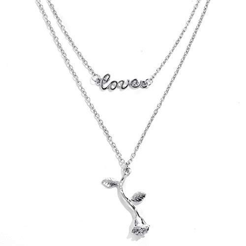 Jovono Fashion Miltilayered Necklaces Love Rose Pendant Necklace Layered Jewelry Chains for Women and Girls-Silver- Jovono Fashion Miltilayered Necklaces Love Rose Pendant Necklace Layered Jewelry Chains for Women and Girls-Silver-