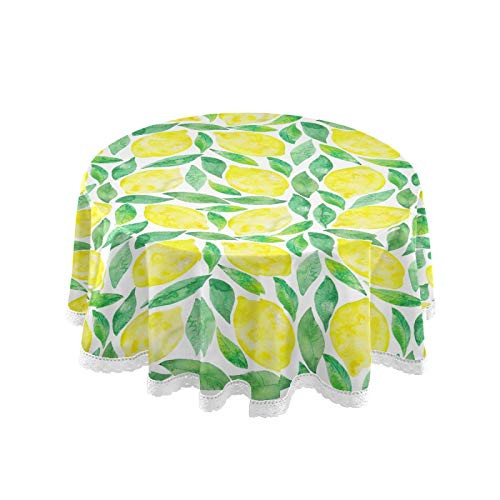 Watercolor Lemon Leaves Round Tablecloth Circular Table Cloths Cover Washable Polyester Tabletop Runner for Kitchen Party Picnic Dining Decor 60 inch