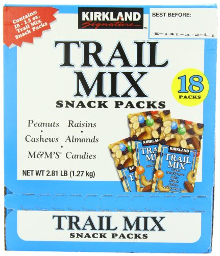 Kirkland Signature Trail Mix Snack Packs  Peanuts  M and M s Candies  Raisins  Almonds  Cashews  2.5 oz  18 ct