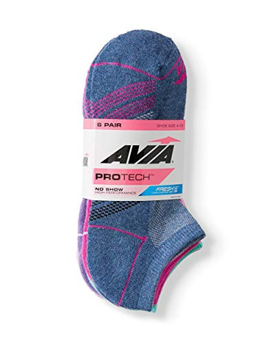 Avia Women s Pro Tech No Show High Performance Socks  6-Pack -Denim Heather  Sock Size 9-11  Shoe Size 4-10-