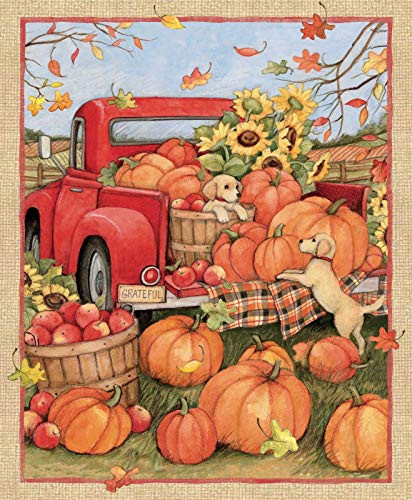 Red Truck Pumpkins Puppies Autumn Fall Panel 36 x 44 inches Sunflowers Apple Basket Door by Susan Winget for Springs Creative 100 percent  Cotton Fabric SC-68778 Sold by Panel