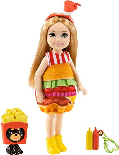 Barbie Club Chelsea Dress-Up Doll -6-Inch Blonde- in Burger Costume with Pet and Accessories Gift for 3 to 7 Year Olds Barbie Club Chelsea Dress-Up Doll -6-Inch Blonde- in Burger Costume with Pet and Accessories Gift for 3 to 7 Year Olds