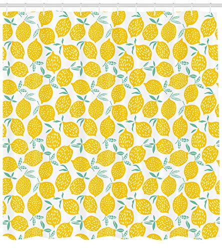 Lunarable Mint Yellow Shower Curtain, Summer Fruit Pattern Dots Stripes Doodle Lemons Leaves, Cloth Fabric Bathroom Decor Set Hooks, 84 Inches Extra Long, Mint Green Yellow