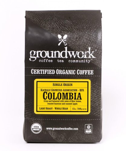 Groundwork Certified Organic Single Origin Whole Bean Coffee  Colombia  12 oz Bag