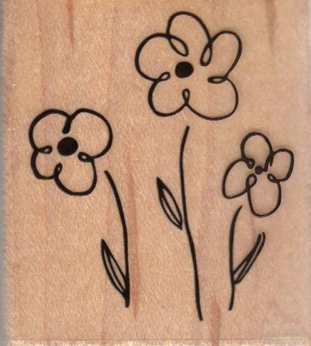 Outline Flower Trio Wood Mounted Rubber Stamp -404D-