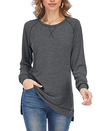 Spring Thin Sweater Women Casual Tunic Sweatshirt Long Sleeve Loose Fall Pullover Side Split Tops Grey Large